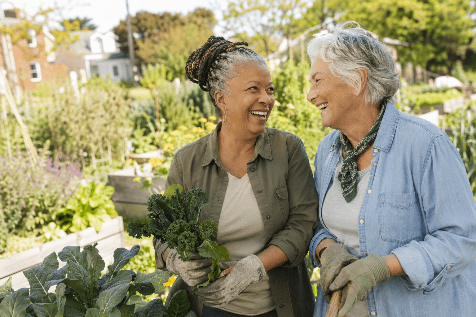 Two friends volunteering together in a community garden